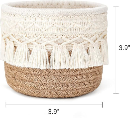 Mkono Macrame Makeup Brush Holder Organizer Comb Brushes Mini Storage Basket Set of 2 Boho Decor Baskets for Pen Pencil Box Container,Yellow and White