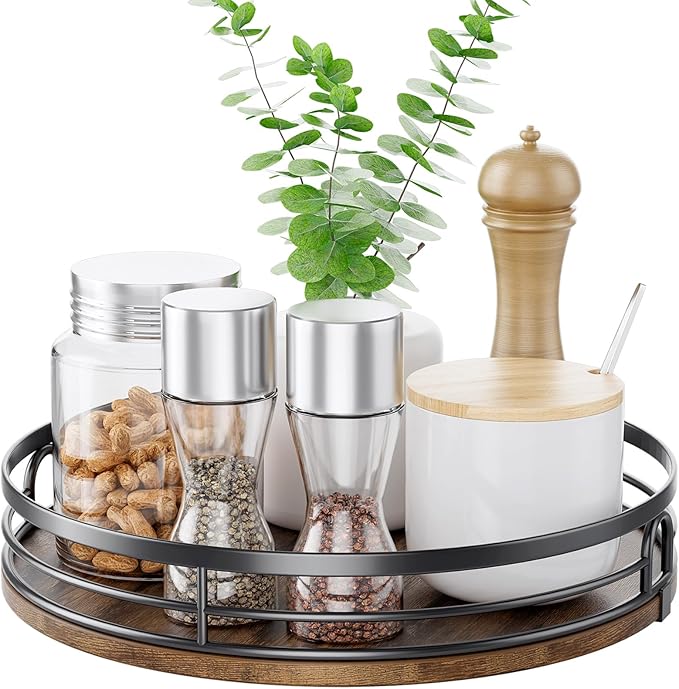 LAMU 10'' Lazy Susan Turntable Organizer for Cabinet, Round Wood Lazy Susan for Table Top, Countertop, Kitchen, Pantry, Spice, Bathroom Vanity, Decor