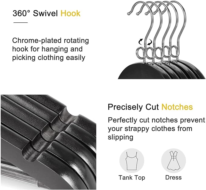 TOPIA HANGER Black Wooden Hangers 30 Pack, Space Saving Coat Hanger with 360° Swivel Cascading Loop Hook, Non Slip Pants Bar and Shoulder Notches for Camisole, Jacket, Suit, Clothes Hangers -CT74B30