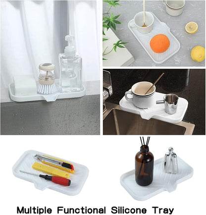MicoYang Silicone Bathroom Soap Dishes with Drain Spout-Bathroom and Kitchen Sink Organizer,Sponge Holder,Dish Soap Tray,Perfect for Dispenser,Scrubber,Bottle,Cup on Sink or Counter-White 9.6"×5.3"