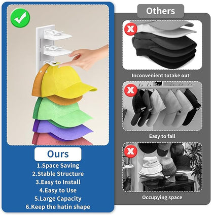 Enwokran Baseball Cap Organizer - Bedroom Closet Storage | 2 Pack, 40 Hats Capacity, Multilayer Rack with 2 Mounting Options(White)