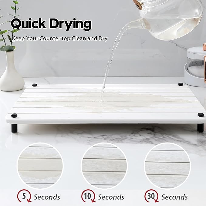Razborci Stone Dish Drying Mat for Kitchen Counter, Water Absorbing Bathroom Tray Sink Organizer, Diatomaceous Earth Countertop Dish Rack Riser Sponge Holder Soap Dish, White, 16" x 12"