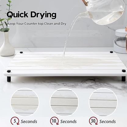 Razborci Stone Dish Drying Mat for Kitchen Counter, Water Absorbing Bathroom Tray Sink Organizer, Diatomaceous Earth Countertop Dish Rack Riser Sponge Holder Soap Dish, White, 16" x 12"