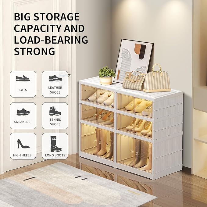EHAMILY 3 Tier Foldable Shoe Rack Organizer for Closet 6-12Pairs Plastic Collapsible Shoe Racks Shelf for front door entrance Stackable Clear Folding Shoes Storage boxes XLarge Storage Cabinet