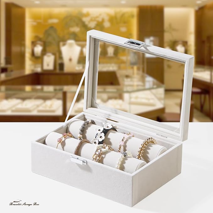 Bracelet Display Holder with Rods for Bangles Watches, Jewelry Organizer Box Storage Case with Clear Lid (Beige)