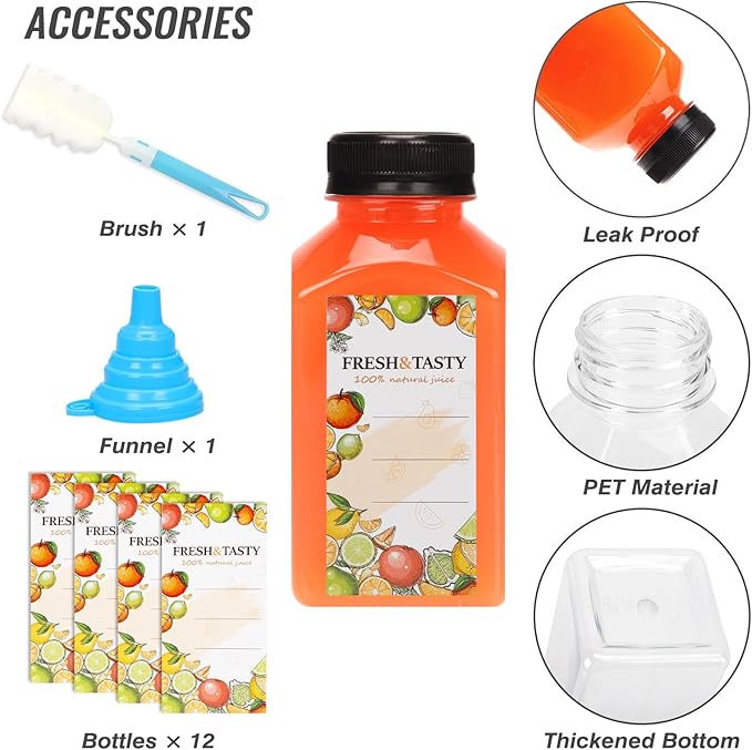 TOMNK 12pcs 10oz Plastic Juice Bottles with Caps Empty Reusable Clear Bottles with Label, Funnel and Brush Beverage Containers Bulk with Lids for Juicing, Smoothies, Fridge