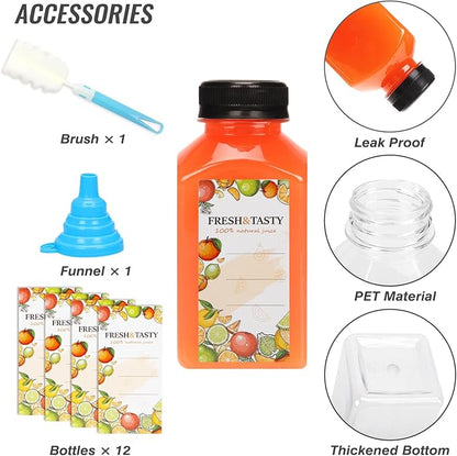TOMNK 12pcs 10oz Plastic Juice Bottles with Caps Empty Reusable Clear Bottles with Label, Funnel and Brush Beverage Containers Bulk with Lids for Juicing, Smoothies, Fridge