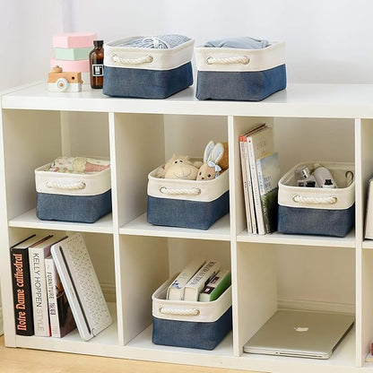 Storage Basket for Organizing - 12x8x5.2 inch Small 6 Pack Fabric Storage Bin Collapsible Baskets for Shelves with Rope, Storage Box for Cloth Decorative Laundry Canvas(White & Blue)