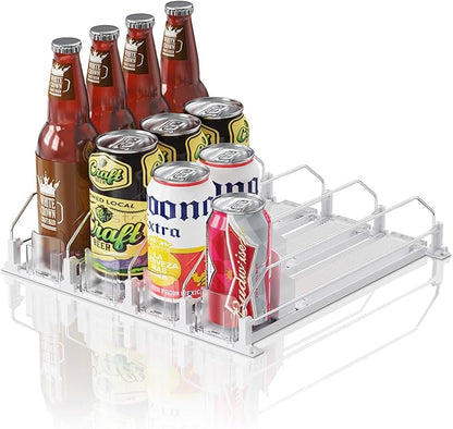 Drink Organizer for Mini Fridge (Fits Depth ≥ 12.2"), 12oz 16oz 20oz Soda Can Dispenser, Width Adjustable Automatic Pusher Glide, 12.2" D 4ROW Holds 16 Cans, White