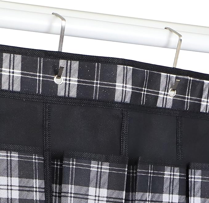 Home Basics Breathable Non-Woven Fabric Home Storage & Organization | Plaid Design in White Black & Grey | Sturdy Fiberboard Construction | (20 Pocket Over the Door Shoe Organizer)
