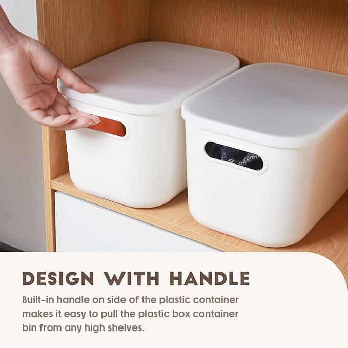 Tuanse 8 Pieces White Plastic Storage Bins with Lids, Stackable Storage baskets with Handle Containers Box for Shelves Drawers Desktop Playroom Classroom Office Organization(7.3 x 10.2 x 6.5 Inches)