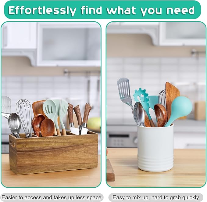 ALELION Acacia Wood Utensil Holder with Removable Divider - 4 Compartment Wooden Utensil Caddy Organizer for Kitchen Counter - Cooking Utensil Crock for Countertop