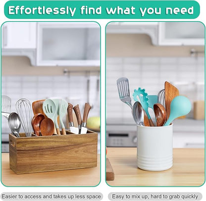 ALELION Acacia Wood Utensil Holder with Removable Divider - 4 Compartment Wooden Utensil Caddy Organizer for Kitchen Counter - Cooking Utensil Crock for Countertop