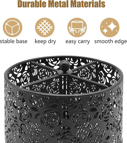 DysanVica 360° Rotating Metal Silverware Caddy - 4 Compartment Utensil Cutlery Holder Fork Spoon Napkin Organizer Flatware Storage Basket Party Countertop Buffet Picnic Camping Outdoor (Black)