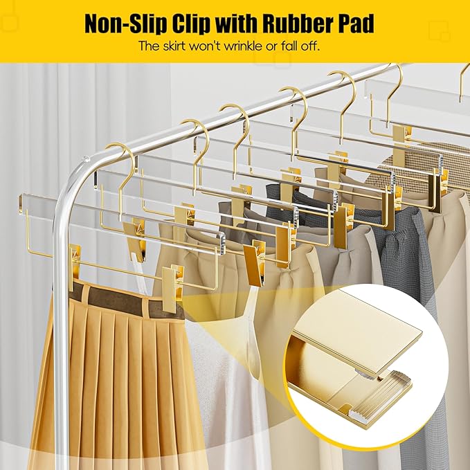 10 Pack Gold Acrylic Hangers, Clear Pants Hangers with Adjustable Non-Slip Clips for Pants, Skirts, Jeans, Trousers, Adults & Kids, Clothing Closet Storage
