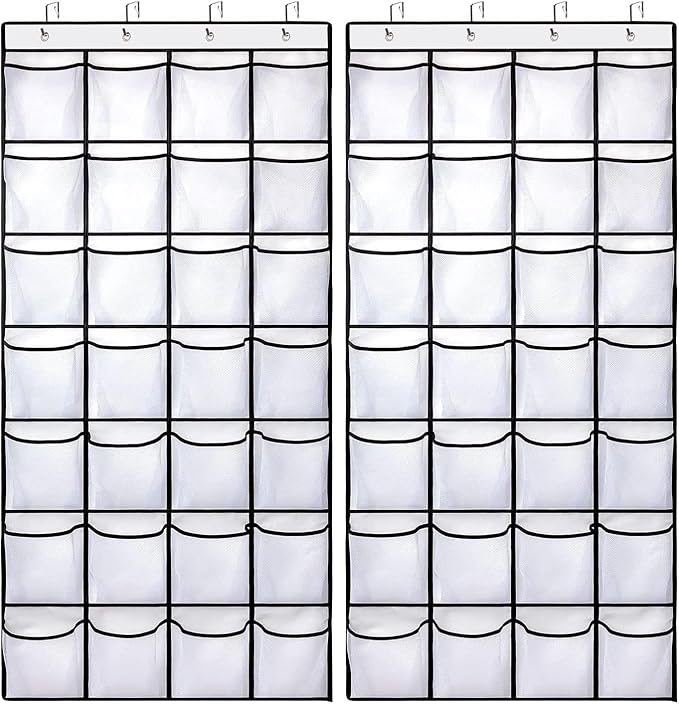 28 Large Pockets Over The Door Shoe Organizer, Hanging Shoe Organizer for Closet, Premium Clear Shoe Rack for Door, Shoes Hanger Organizers Storage Holder for Back of Door and 4 Metal Hook White
