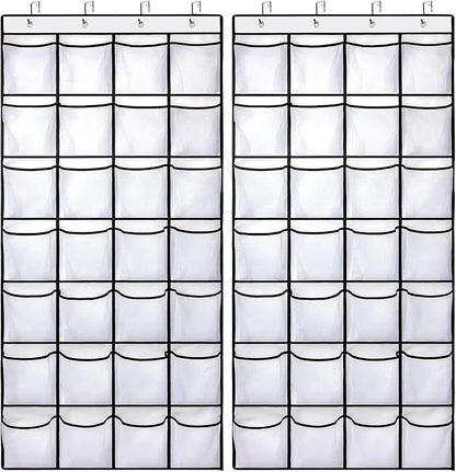 28 Large Pockets Over The Door Shoe Organizer, Hanging Shoe Organizer for Closet, Premium Clear Shoe Rack for Door, Shoes Hanger Organizers Storage Holder for Back of Door and 4 Metal Hook White