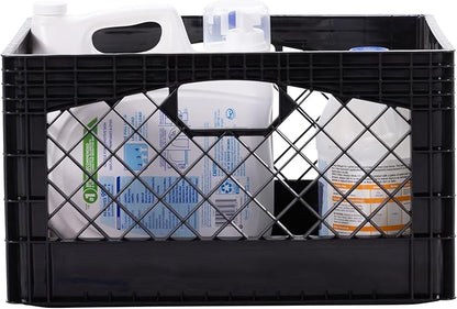 Rectangular Plastic Milk Crate Storage Tote with Handles, 24-Quart Stackable Organizer for Garage, Home, and Office, Made in the USA, 19" x 13" x 11" (3-Pack) - Black