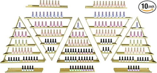 Metal Nail Polish Rack for Nail Salon, 5 Tiers Nail Polish Rack, 10PCS Triangular Perfume Holder, Lipstick Perfume Wall Shelf for Spa Nail Salon Shop Home (Gold)