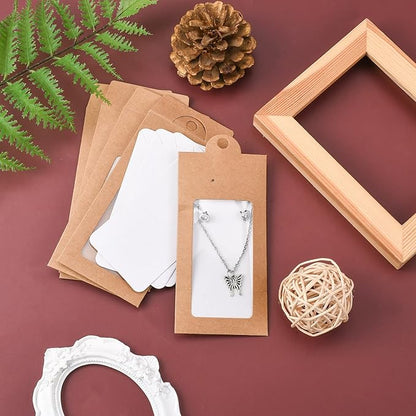 Stiesy 100 Pcs Kraft Paper Necklace Display Cards Cardboard Paper Jewelry Box Presentation Box with PVC Window for Jewelry Display