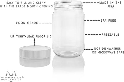 Pinnacle Mercantile Plastic Mason Jars - Screw on Ribbed Lid - 16 ounce-Set 6-Airtight Liner-Meal Prep Containers-Freezer Safe BPA Free