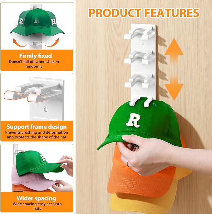 2 Pack Hat Organizer for Baseball Caps, Hat Rack for Wall Hold Up to 16 Hats, Hat Holder with Strong Adhesive and Screws, Hat Organizer Wall Mounted Hat Hanger Display for Door Closet Bedroom(A-White)