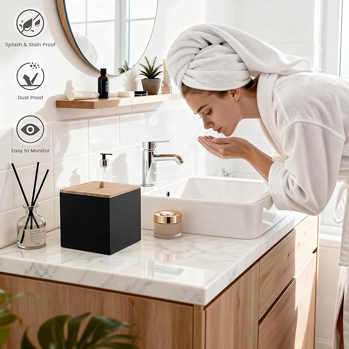 Puricon Acrylic Disposable Facial Towels Holder, Storage Bin with Wood Lid Compatible with Clean Skin Club Towel (NOT Included), Face Towelettes Container for Bathroom Counter -Blackacrylic