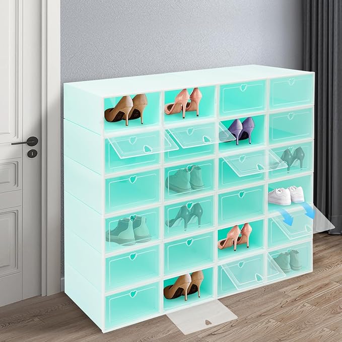 24Pcs Stackable Shoe Storage Boxes with Clear Doors - Foldable Shoe Organizer for Closet Cabinet, Black/White/Green Options for Sneakers Boots Home Organization (Green)