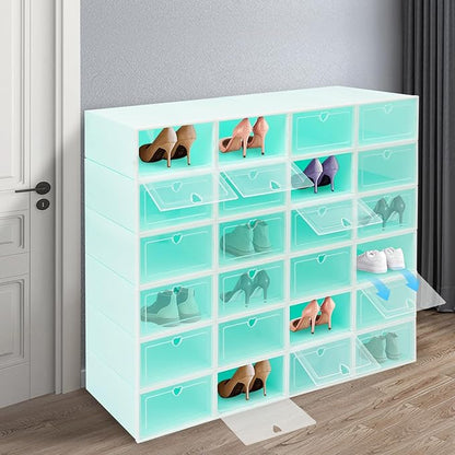 24Pcs Stackable Shoe Storage Boxes with Clear Doors - Foldable Shoe Organizer for Closet Cabinet, Black/White/Green Options for Sneakers Boots Home Organization (Green)