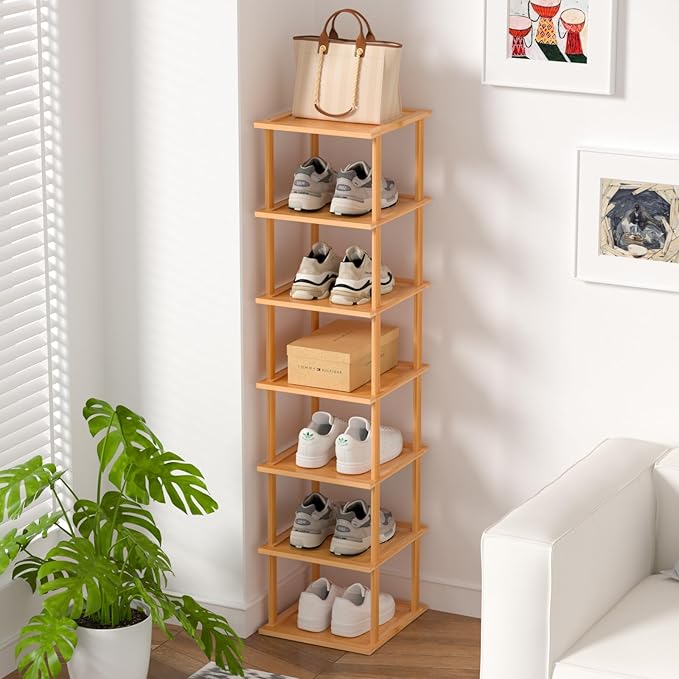 MHXW SXPN Bamboo Free Standing Shoe Rack Shelf Multi Tier Tall Wooden Stackable Shoes Rack Organizer for Closet Front Door Entrance Narrow Vertical Shoe Storage (Nature, 7 Tiers)