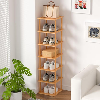 MHXW SXPN Bamboo Free Standing Shoe Rack Shelf Multi Tier Tall Wooden Stackable Shoes Rack Organizer for Closet Front Door Entrance Narrow Vertical Shoe Storage (Nature, 7 Tiers)