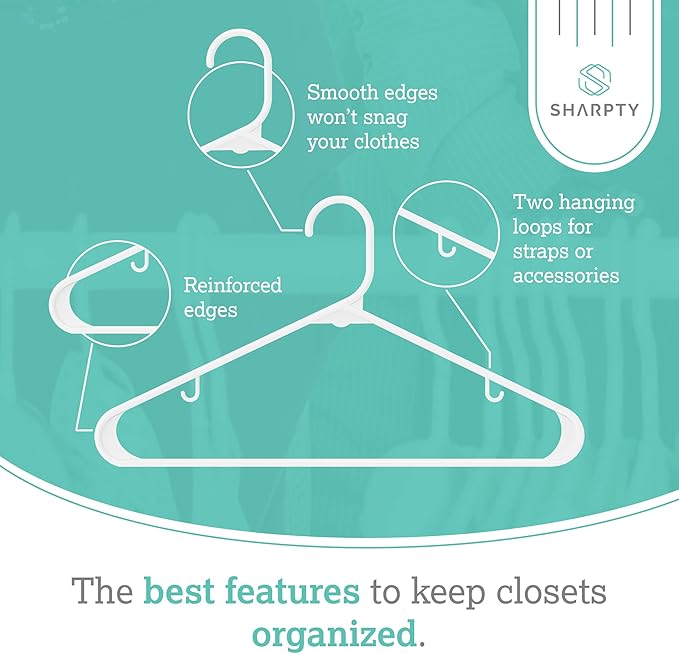 Sharpty Plastic Hangers Clothes Hangers for Clothing, Closet, Coats & Shirts - Durable, Thick, Tough & Space Saving - for Everyday Standard Use, Room Essentials & Basics - 20 Pack - White
