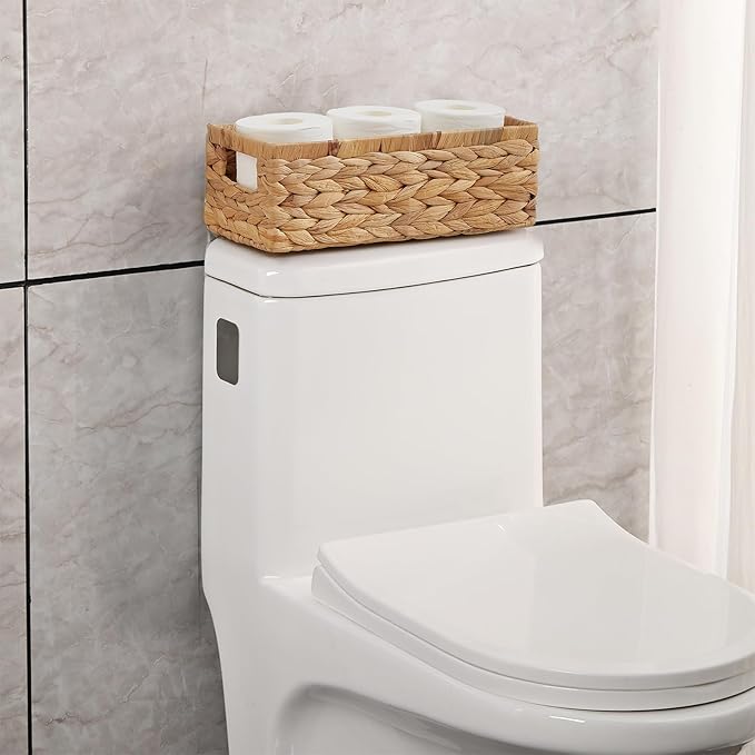 Vagusicc Water Hyacinth Wicker Storage Basket With Handles, Toilet Paper Basket for Tank Top, Small Baskets for Organizing Shelves, 2-Pack