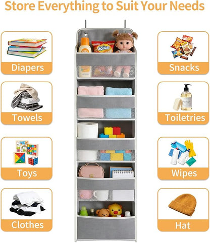 Over the Door Organizer, Door Storage Organizer with Large Capacity Pockets, Hanging Shelves for Bedroom, Closet, Dorm, Pantry (Grey, 4-Tier)