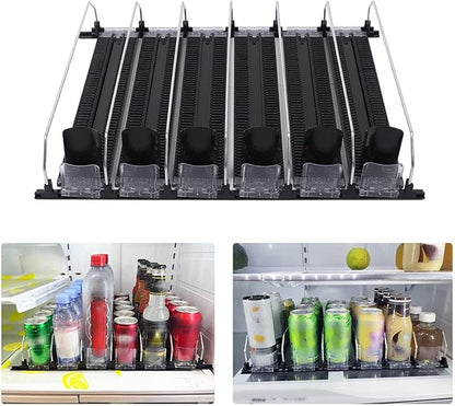 Soda Can Dispenser for Refrigerator, ABS 15in Large Capacity 6 Rows Adjustable Width Drink Dispenser for Fridge, Spring Loaded Easy Slide Self Pushing Drink Holder (Black)