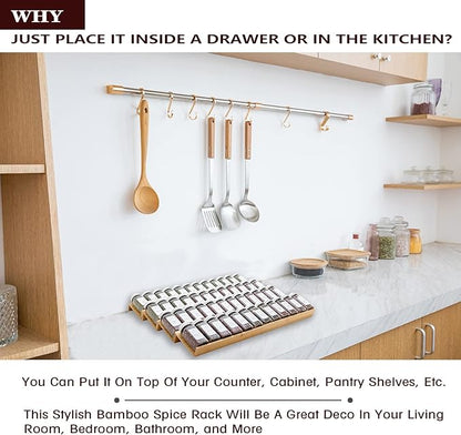Bamboo Spice Rack Drawer Organizer - 8 Pieces Set- 11" Wide Per Piece - Combine Pieces Into 22" Wide Rack (11" or 22")