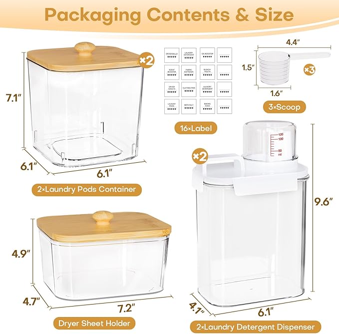 Homde Clear Laundry Detergent Dispenser: 3+2 Pack Reusable Pods Container with Lids for Dryer Balls - Plastic Sheets Holder Set for Scent Booster
