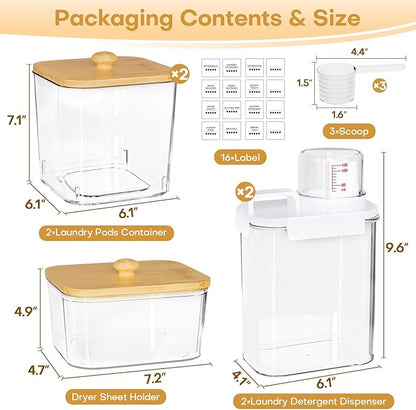 Homde Clear Laundry Detergent Dispenser: 3+2 Pack Reusable Pods Container with Lids for Dryer Balls - Plastic Sheets Holder Set for Scent Booster