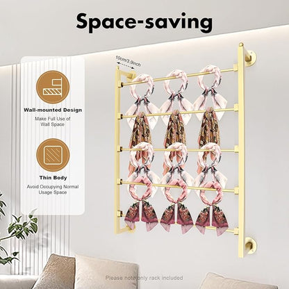 Wall Mounted Scarf Rack, 5-Tier Metal Scarves Towels Rack Wall Display Silk Ribbon Storage Organizer Gold Hijab Hanger for Flower Shop Retail Store (Gold)