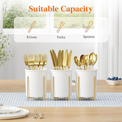 Lifewit Plastic Silverware Holder for Kitchen Countertop, Cutlery Flatware Caddy with Metal Bracket, Utensil Spoon Fork knives Organizer for Party Picnic, Gold, 2 Pack