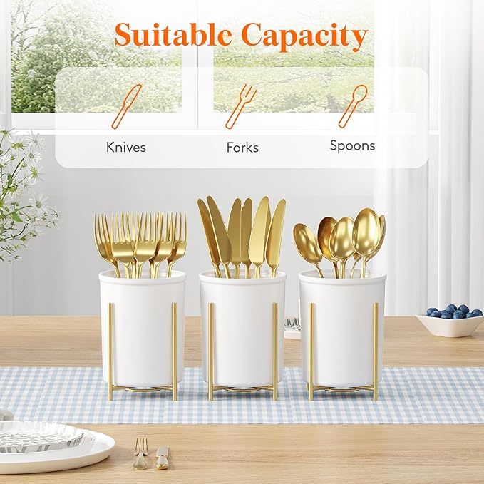 Lifewit Plastic Silverware Holder for Kitchen Countertop, Cutlery Flatware Caddy with Metal Bracket, Utensil Spoon Fork knives Organizer for Party Picnic, Gold, 3 Pack