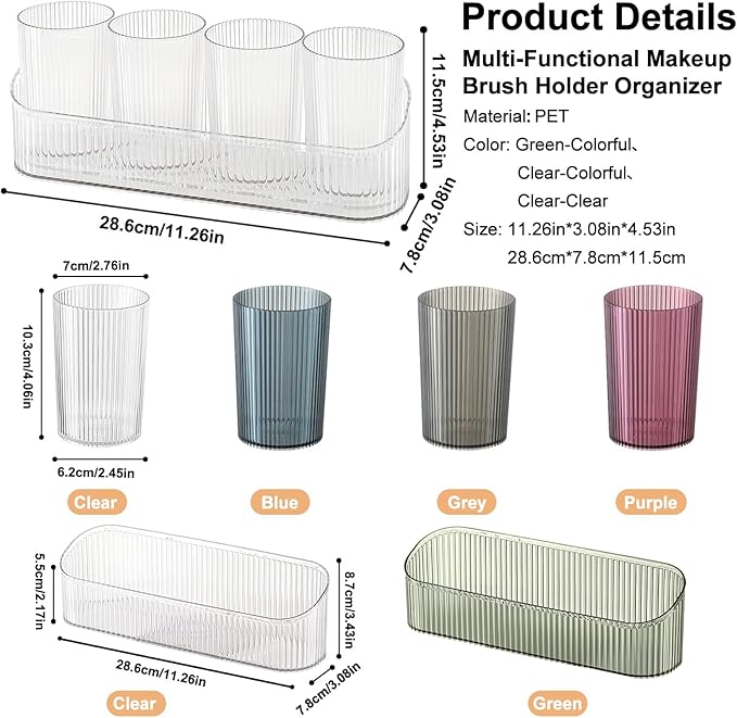 DASITON Makeup Brush Holder Organizer with 4 Cup, Vintage Striped Make Up Brush Holder for Vanity, Bathroom Toothbrush Holders, Acrylic Cosmetic Brushes Storage Organizer Pen Holder (Clear+Clear)