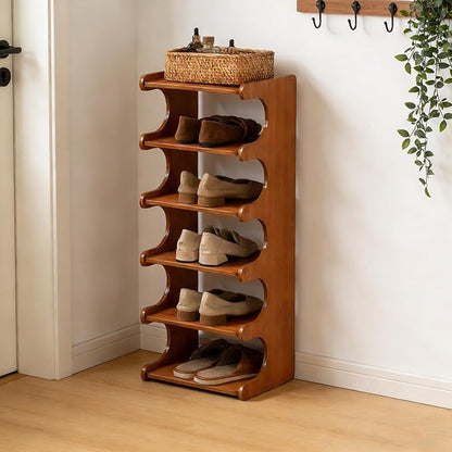 Tall Narrow Solid Wood Shoe Rack, 6 Tier Vertical Shoe Storage Tower, Freestanding Corner Organizer for Small Entryways, Slim Space-Saving Shoe Rack (12.6" L x 9.84" W x 32.1" H)