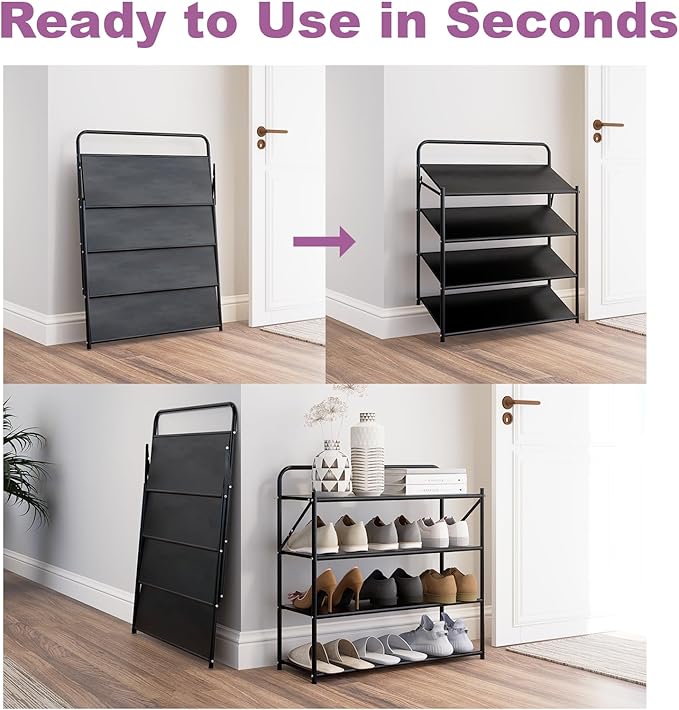 4 Tier No-Assembly Shoe Rack, Foldable Shoes Rack Organizer Without Installation, Portable Solid Metal Shoe Shelves for Closet, Entryway, Front Door Entrance