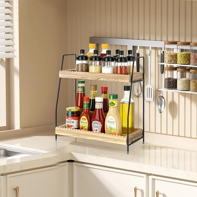2 Tier Bathroom Countertop Organizer, Unique Slotted Edge Bathroom Organizers and Storage, Wood Counter Shelf for Storage, Countertop Organizer for Bathroom, Coffee, Kitchen