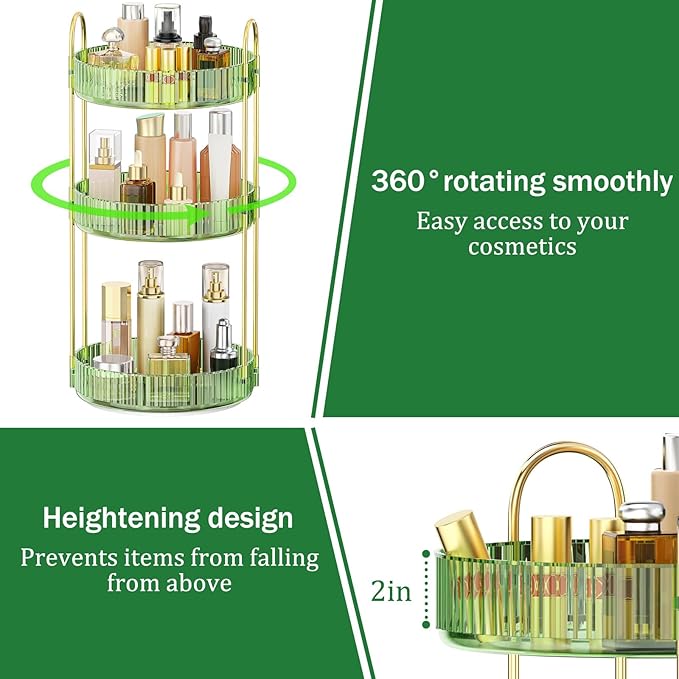 MOKANI 360 Rotating Makeup Organizer for Vanity, 3 Tier Adjustable Perfume Organizer for Dresser, Multi-Function Spinning Cosmetics Skincare Storage for Bedroom, Dresser, Countertop, Green