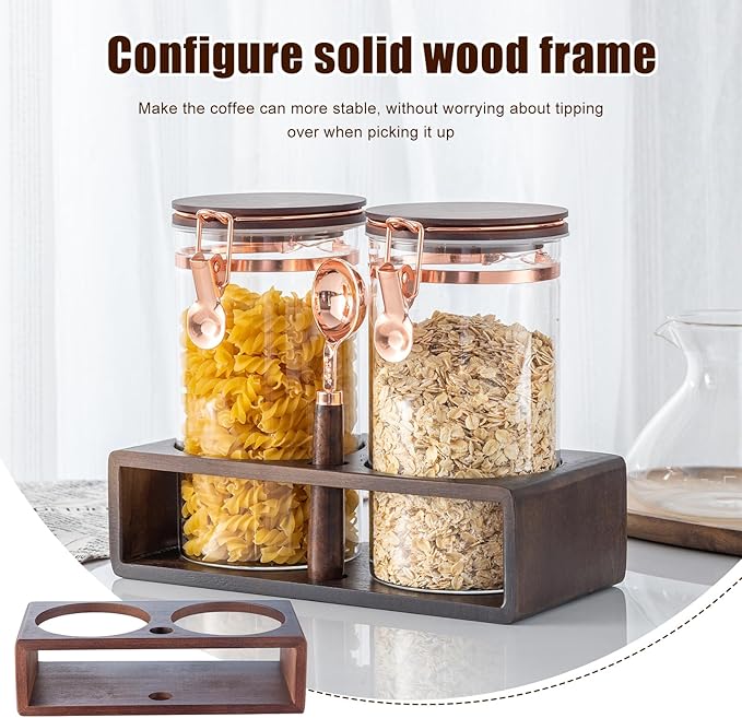 Glass Coffee Canister Set with Wooden Shelf, 2 Pack 45oz Airtight Food Storage Containers with Lids & Spoons, Large nisters for Coffee Beans, Sugar, Tea, Nuts