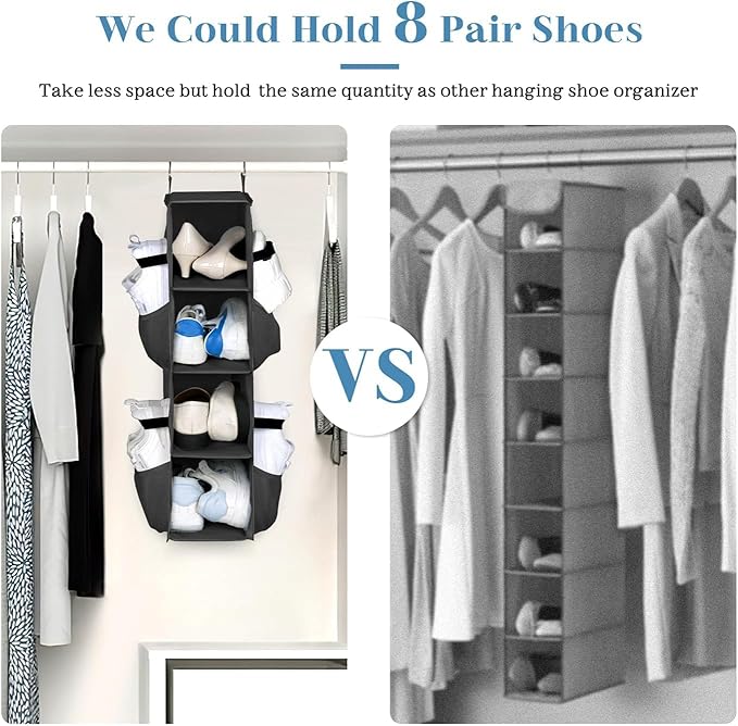SLEEPING LAMB Short Hanging Shoe Organizer for Closet Storage with Mesh Side Pockets Holds 8 Pairs, Hanging Shoe Rack Hanger RV, Camper, Black