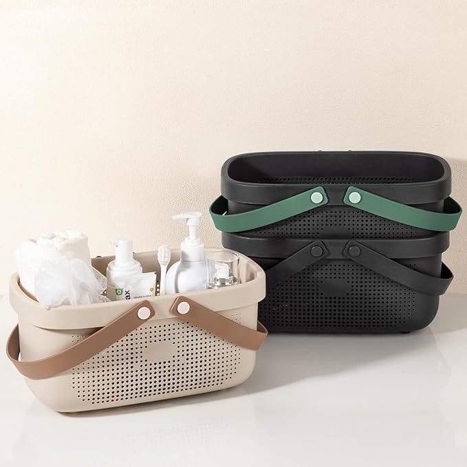 JiatuA Plastic Storage Basket with Handle Portable Shower Caddy Tote Organizer Basket Bin for Bathroom Kitchen Dorm Room Bedroom, Black Green