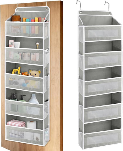 Over The Door Storage Organizer with 5 Extra Large Pockets & Side Mesh Pouches, Hanging Closet Door Organizer for Bedroom, Baby Nursery Storage, Anti-Tilt Design, Fits 1.6" Doors-Gray
